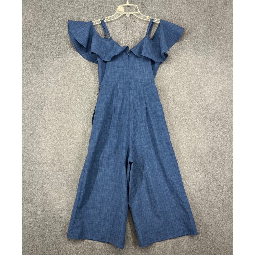 Lulus Ruffle Wide Leg Jumpsuit Women XS Blue crop Surplice Cold Shoulder Culotte - Picture 2 of 15